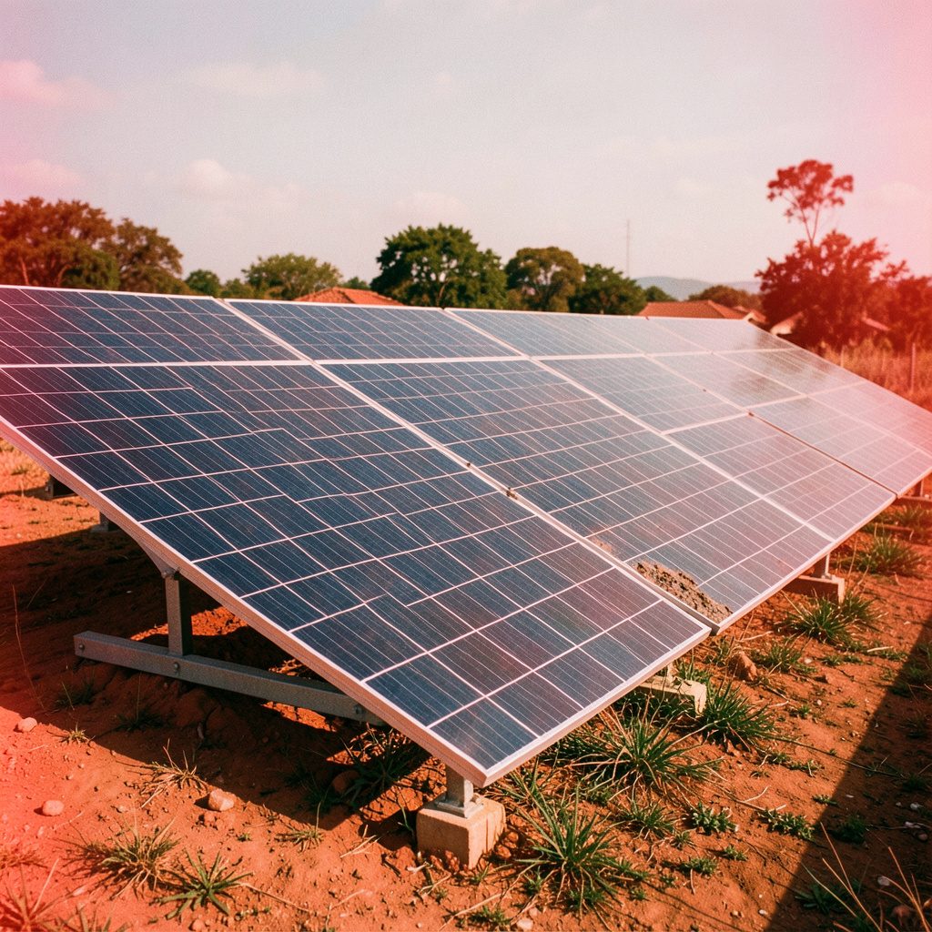 Vivienda unifamiliar con paneles fotovoltaicos en el tejado, jardín verde, luz de tarde